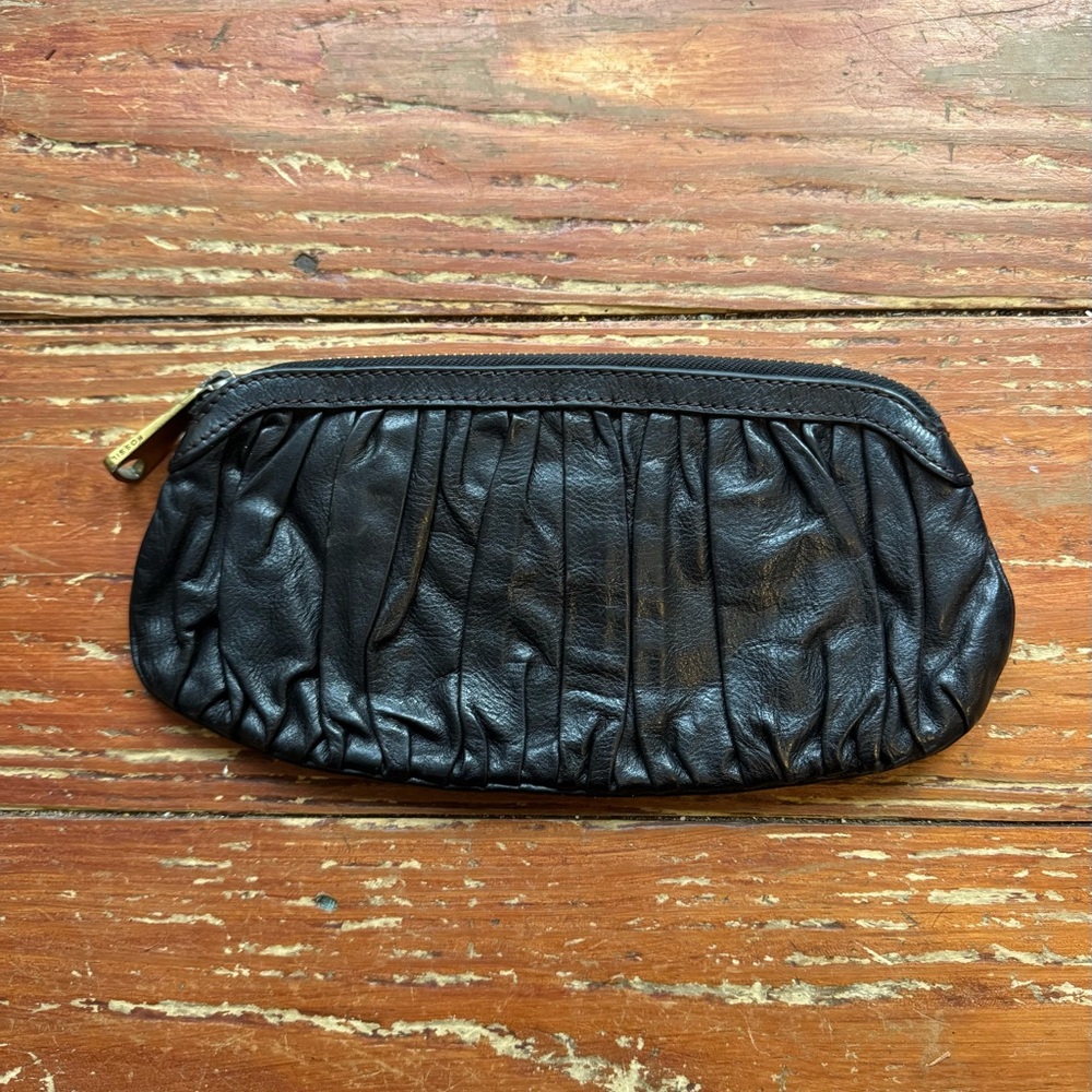 Fossil black Leather clutch with Brass Zipper